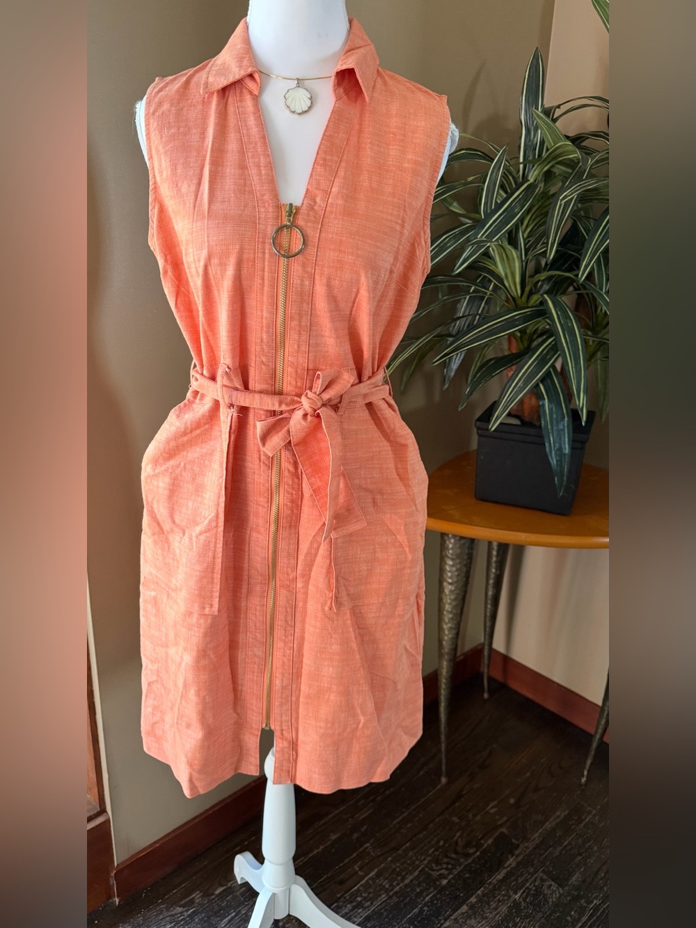 Sharagano Coral Zip Front Belted Sleeveless Dress Size 4